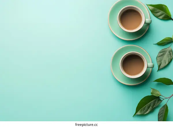 Two Cups of Coffee with Green Leaves on Mint Background