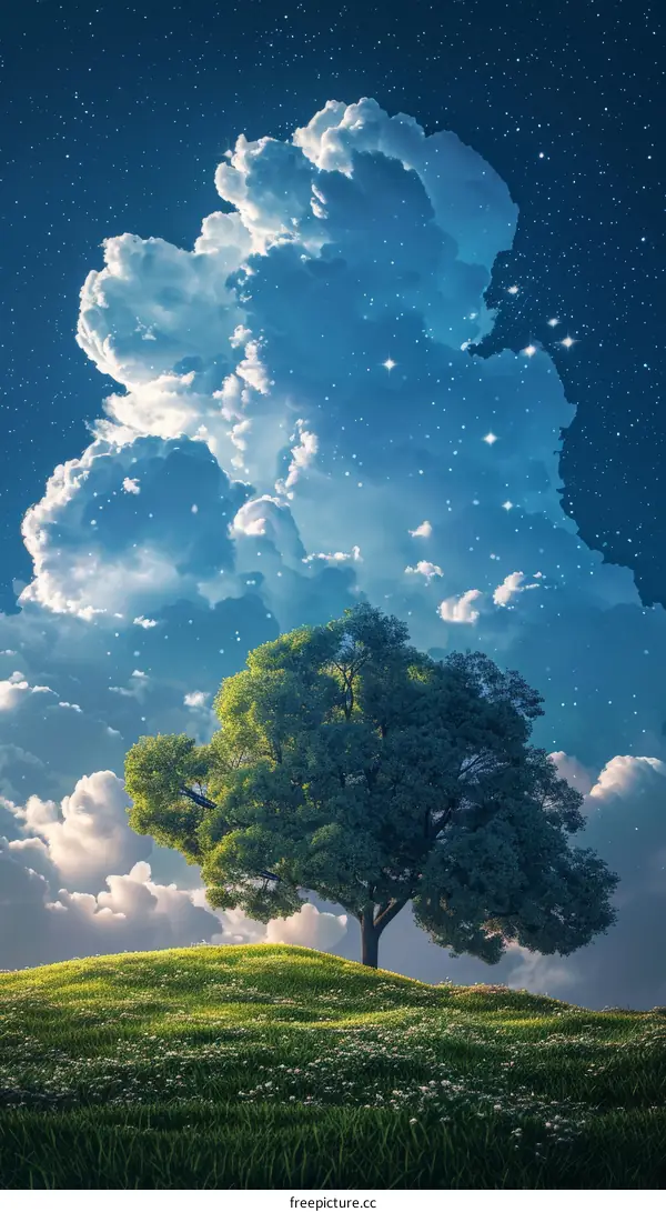 Solitary Tree Silhouetted Against Starry Night