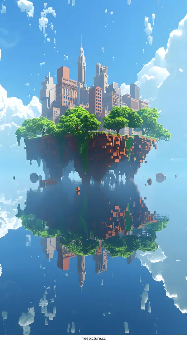 Floating City with Skyscrapers and Green Trees in the Clouds