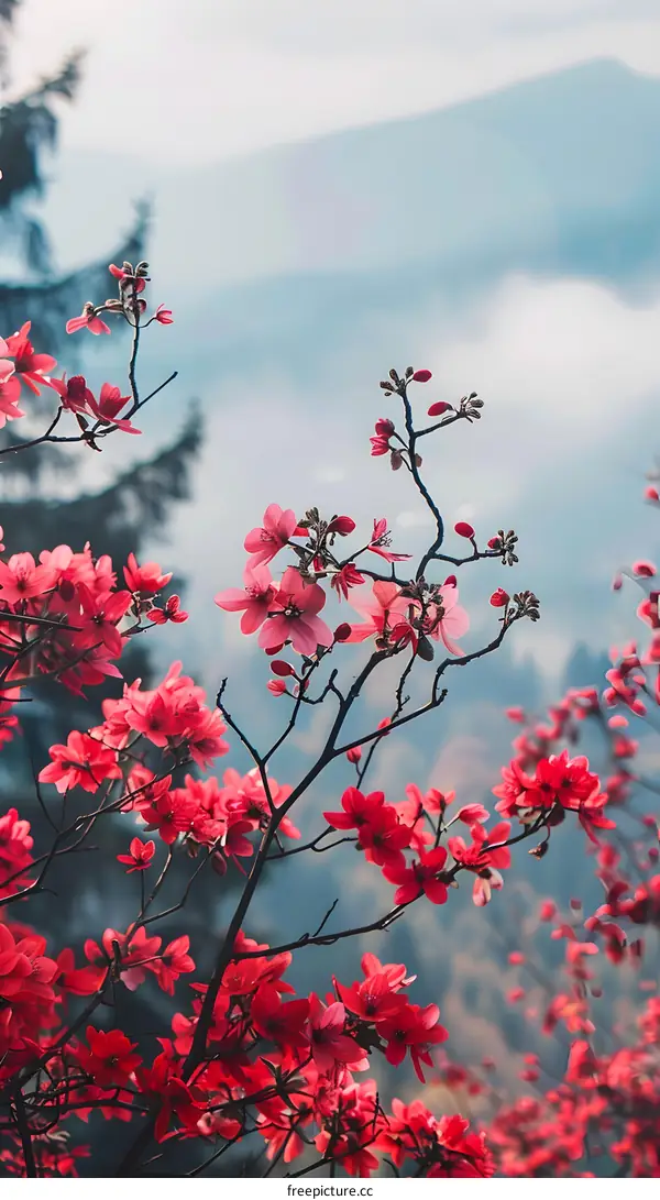 Pink Flowers Branch with Mountain Background