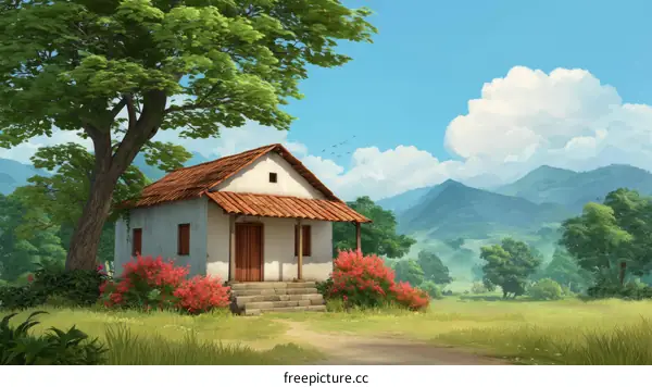 Rural Countryside Farmhouse Illustration