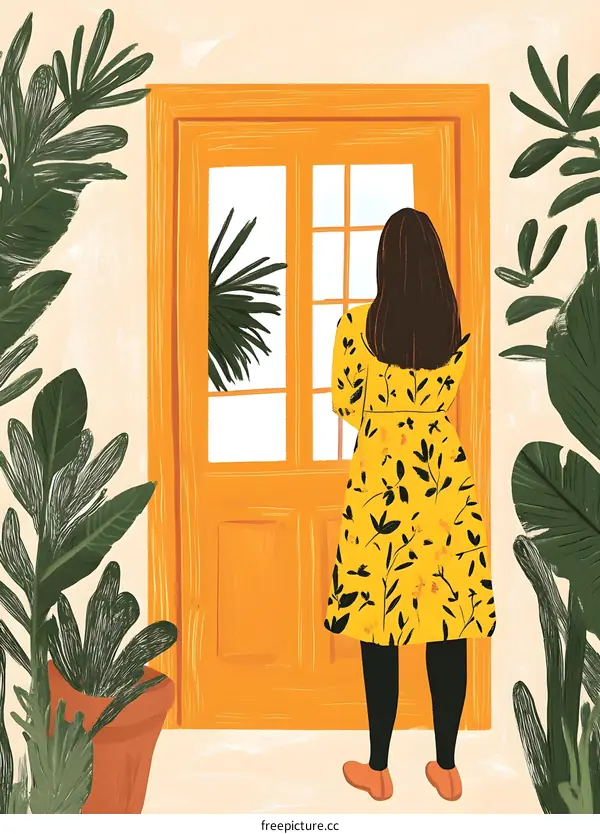 Woman Standing at Doorway in Yellow Dress