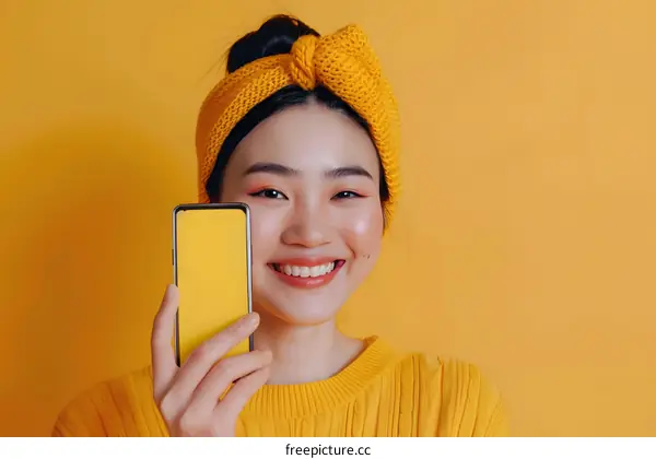 Smiling Woman Holding Yellow Smartphone Against Yellow Background