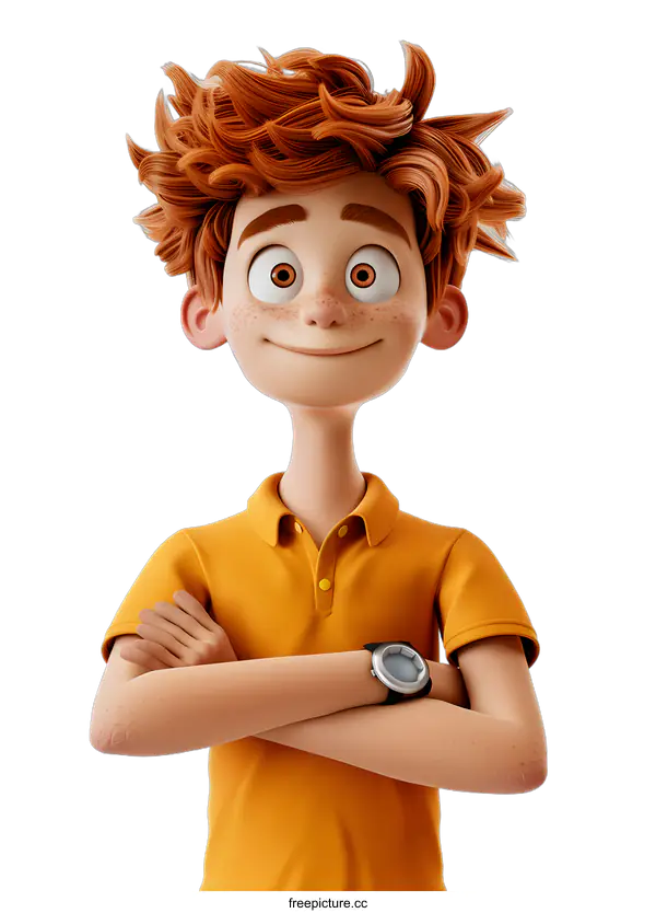 [Transparent Background PNG]Smiling Cartoon Boy with Red Hair and Freckles