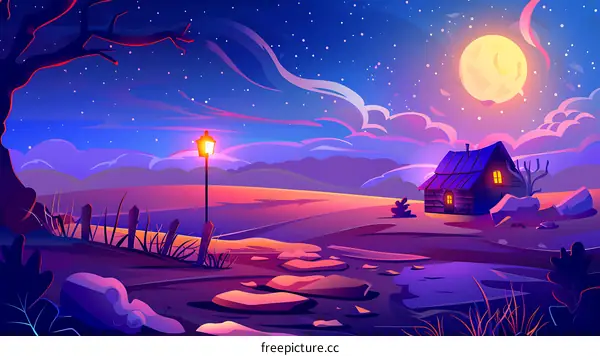 Night Landscape Illustration with House, Moon and Stars