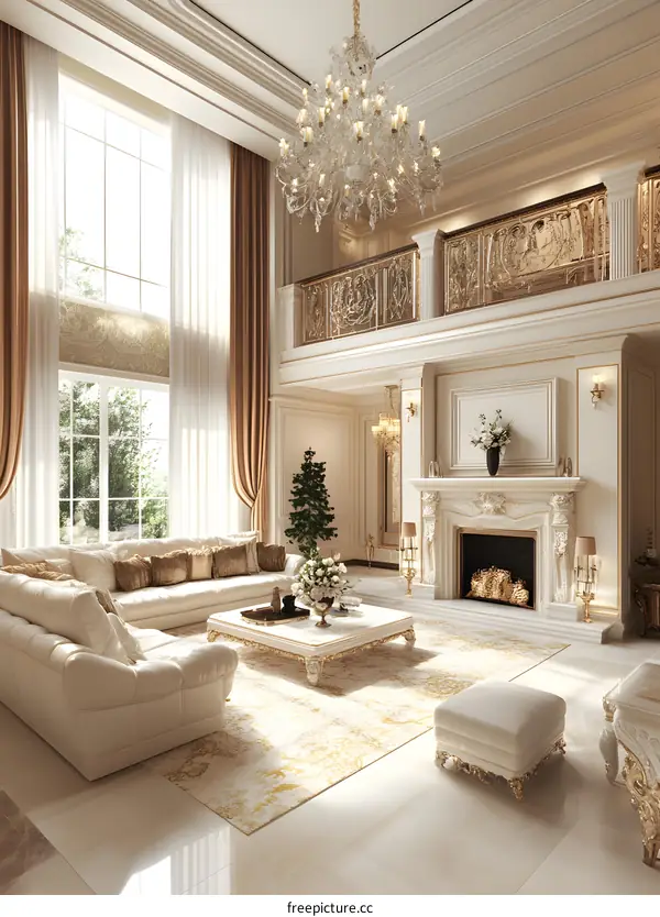 Luxury Living Room Interior Design with White Sofa and Fireplace