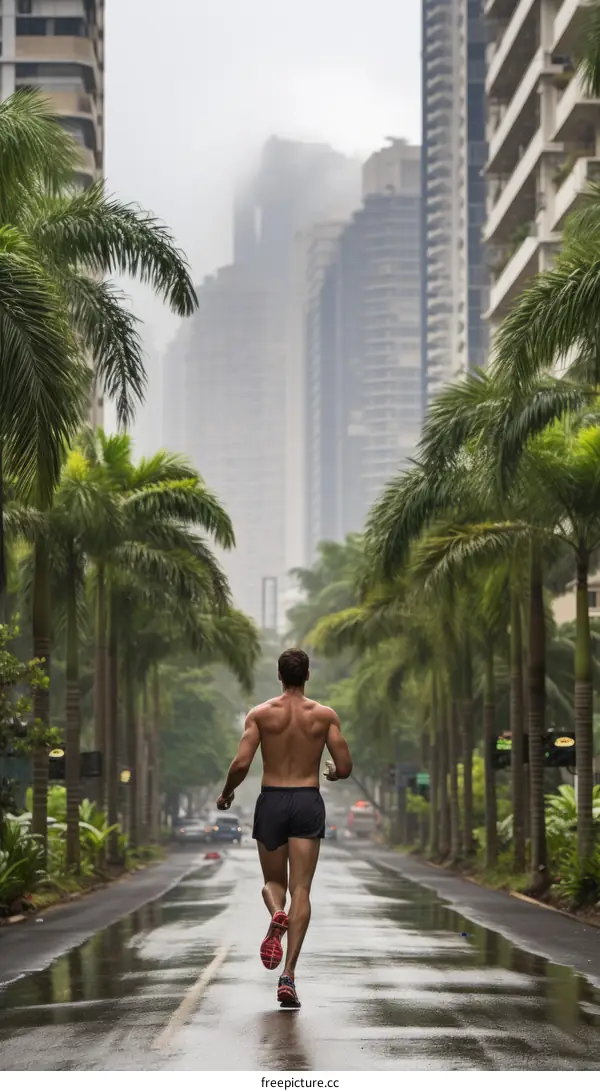 muscular man running in the rain