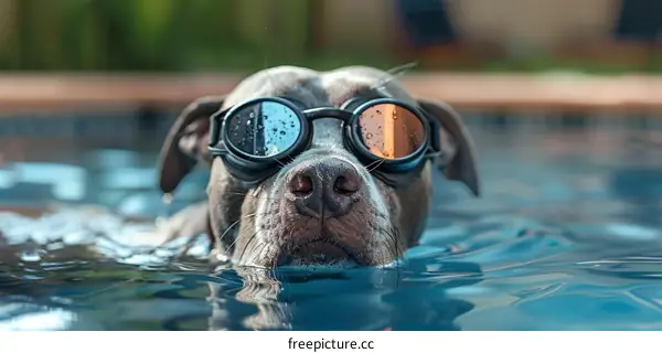 Cute Dog Wearing Swimming Goggles in Pool