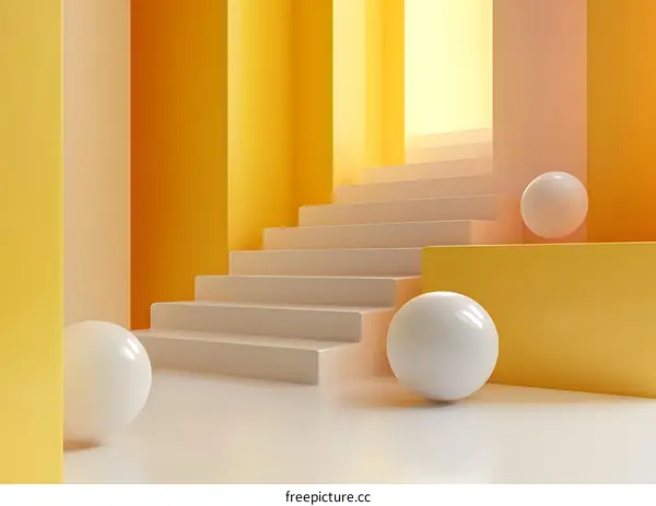 Abstract Minimalist 3D Yellow and White Room with Stairs