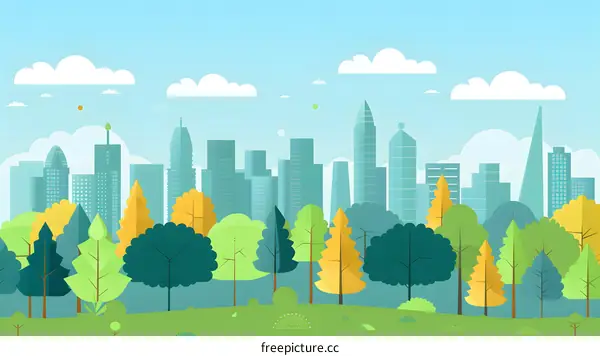 Green Cityscape with Trees and Skyscrapers