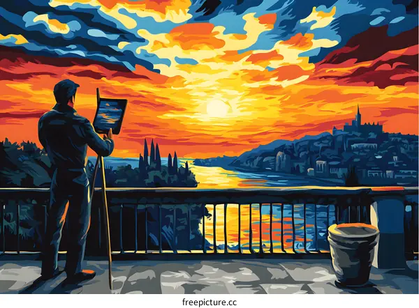 Artist Painting Sunset Cityscape