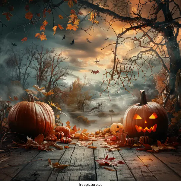 Two jack-o'-lanterns sit on a wooden floor in a spooky forest setting with bats flying overhead and a dead tree nearby