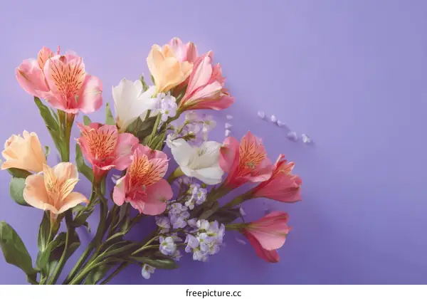 Beautiful Bouquet of Spring Flowers on a Lavender Background