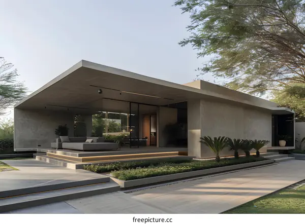 Modern Concrete House with Large Windows and Green Landscaping