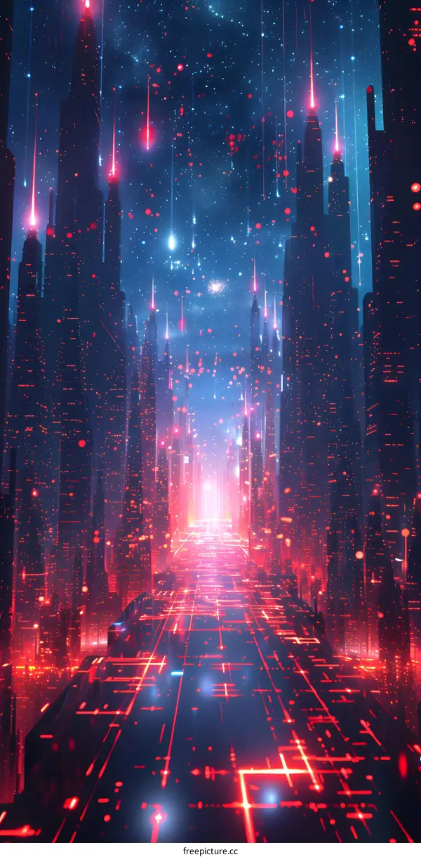 City lights at night with red and blue lights illuminating the night sky