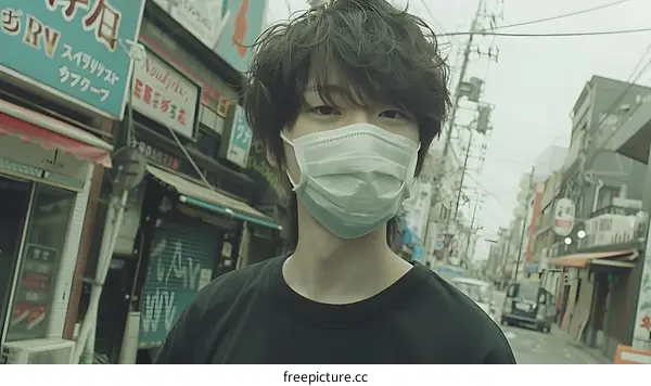 Young Asian Man Wearing a Face Mask Walks Down a Street in Japan
