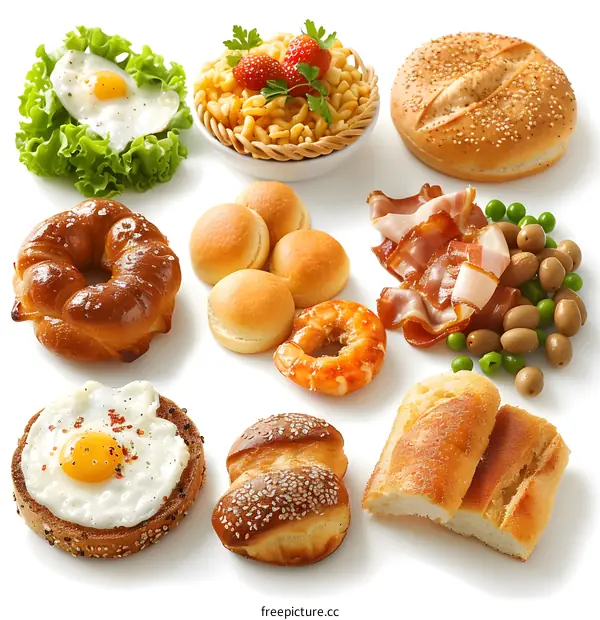 Various types of bread and other food items are arranged on a white background. There are two fried eggs, one with lettuce, one with toast. There are also some rolls, a bagel, pasta, bacon, shrimp, peas, and a baguette.