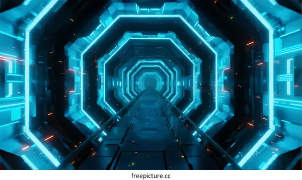 Futuristic Blue-Lit Hexagonal Corridor with Holographic Elements
