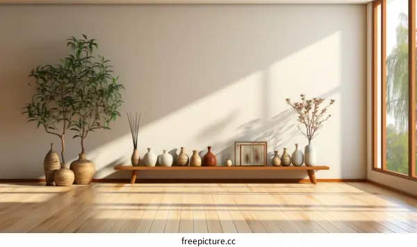 Arrangement of Decorative Objects and Ceramic Vases on a Wooden Shelf with a Window