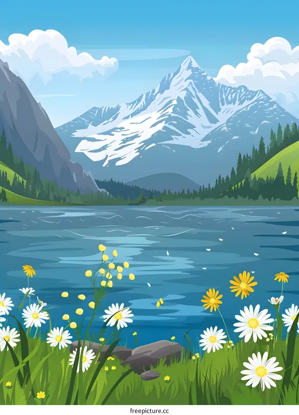 Mountain Lake with Daisies and Clear Sky