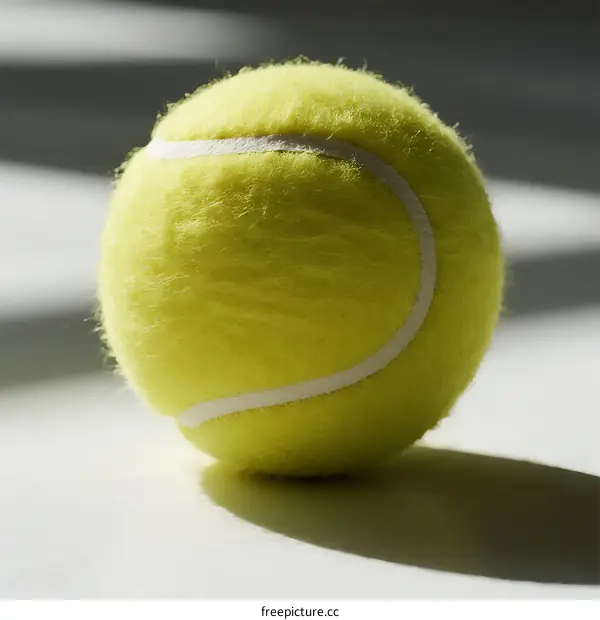 A yellow tennis ball with white stripe on white background