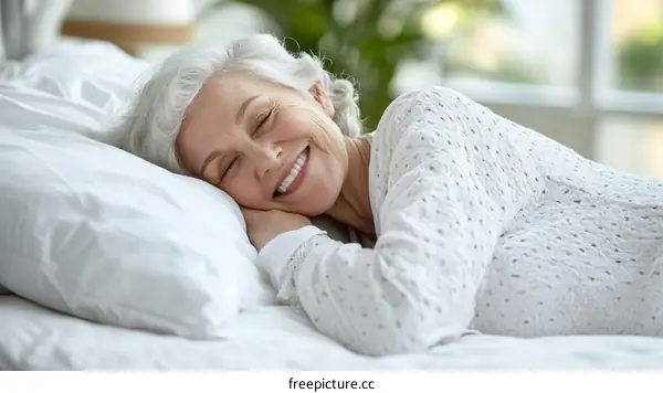 Smiling Senior Woman Sleeping in Bed