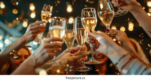 Group of multiethnic friends toasting with champagne at a New Year's Eve party