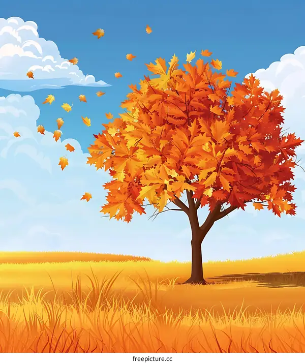 Autumn Tree With Falling Leaves Illustration