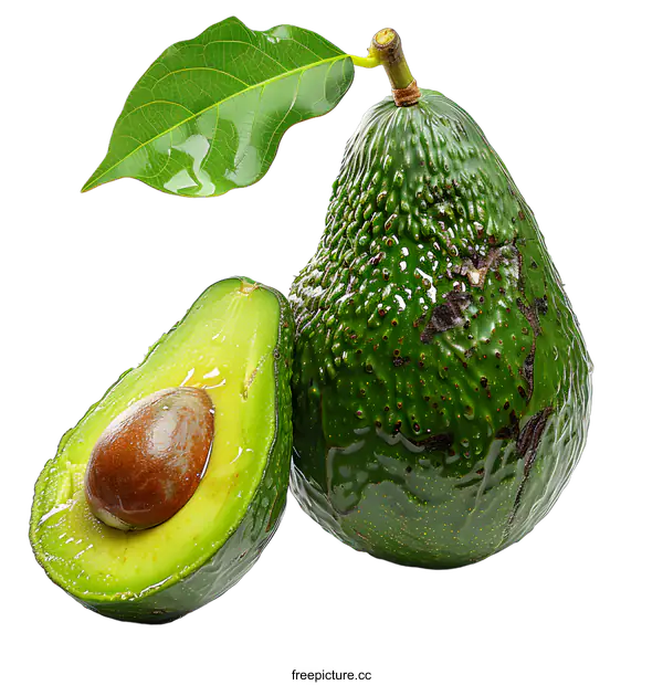 [Transparent Background PNG]Close-up photo of a fresh green avocado and a half with a brown pit
