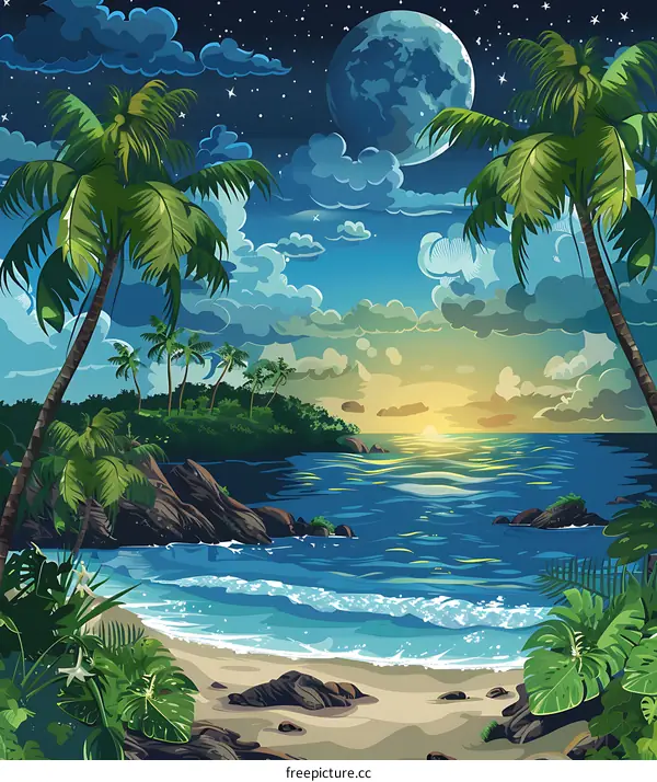 Tropical Island Beach Night Sky Illustration