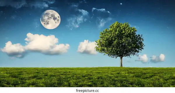 Single Tree Under Night Sky with Moon and Stars