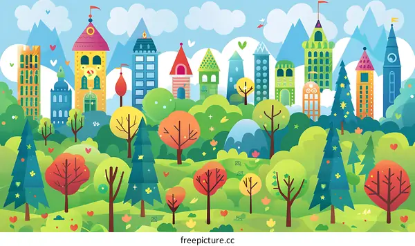 Colorful Cartoon Cityscape With Buildings and Trees
