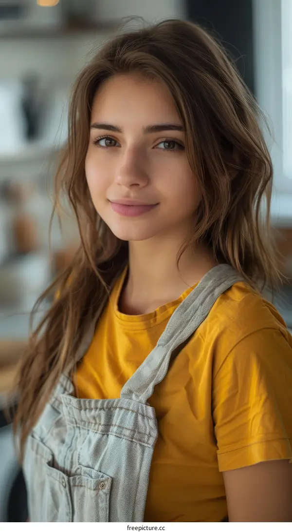 portrait of a young woman in a yellow shirt and gray apron
