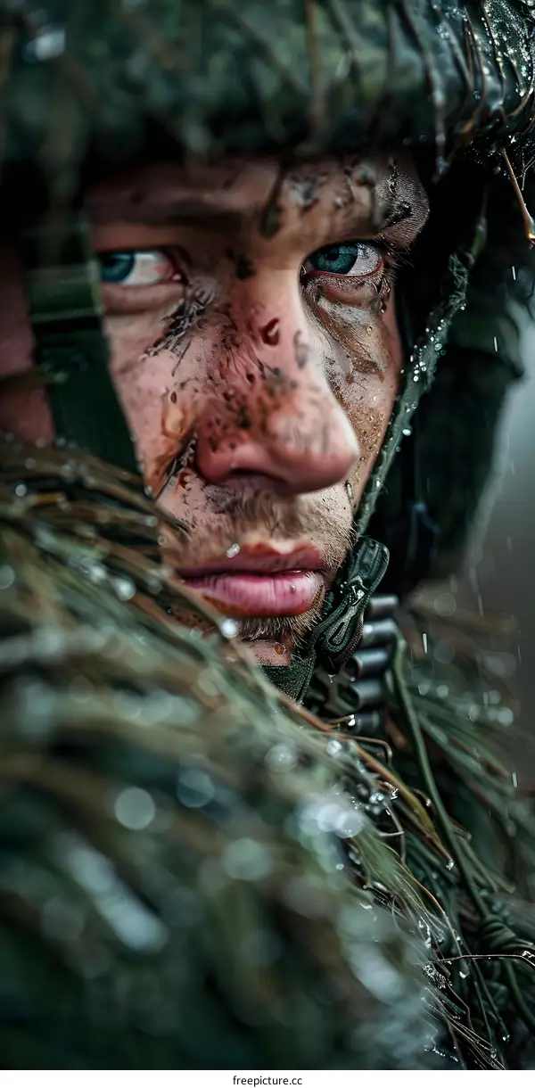 Portrait of a soldier in the rain