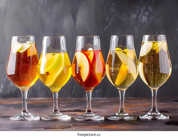Five Glasses of Apple Cider with Sliced Apple Garnish