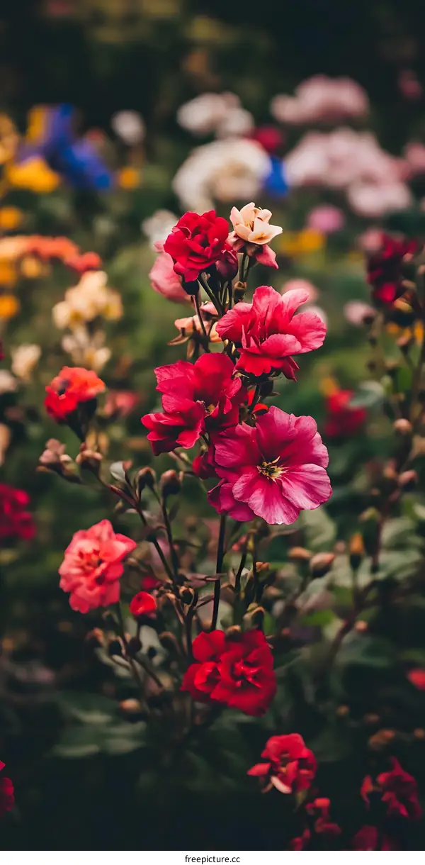 Red Flowers in Garden Green Background