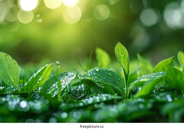Close-up of green leaves with water drops in the morning sunlight