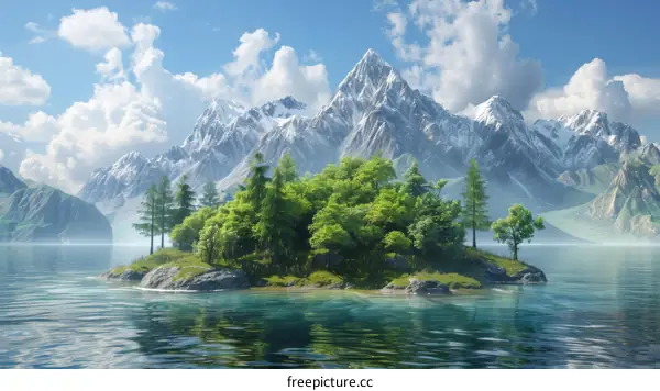 Island in a serene lake with snow-capped mountains in the background