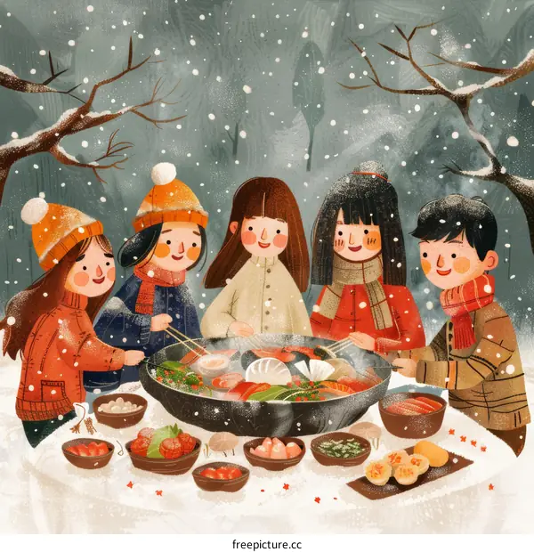 A group of friends enjoying a hot pot meal in the snow