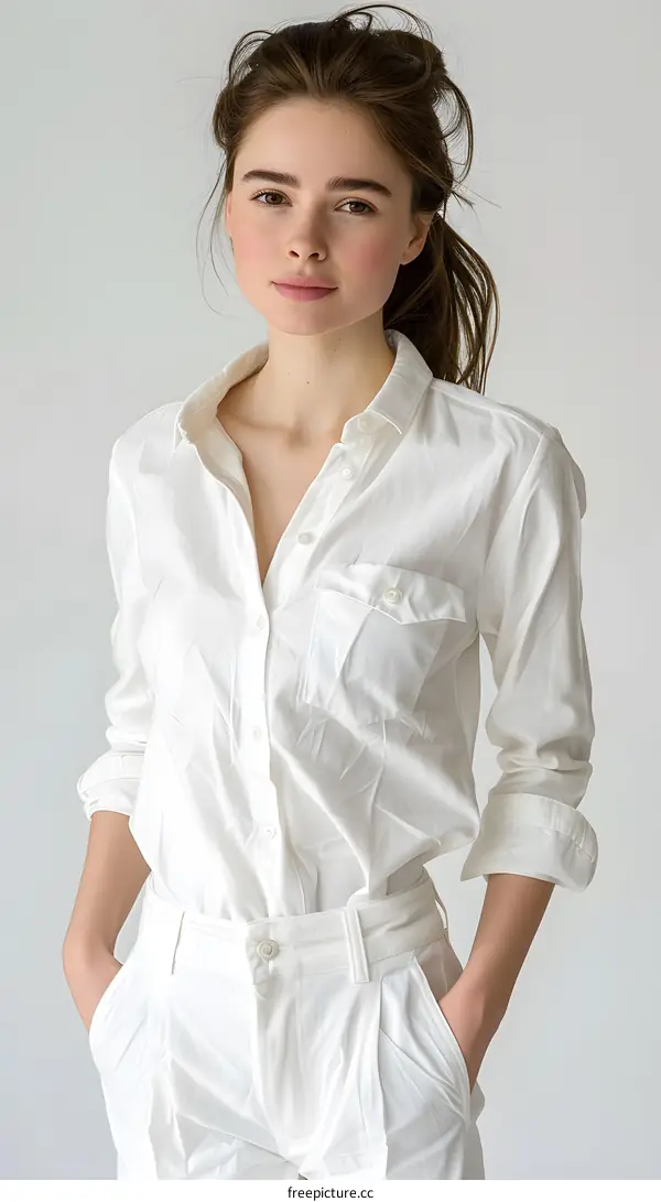 Woman in White Shirt and White Pants Standing in Front of a White Background