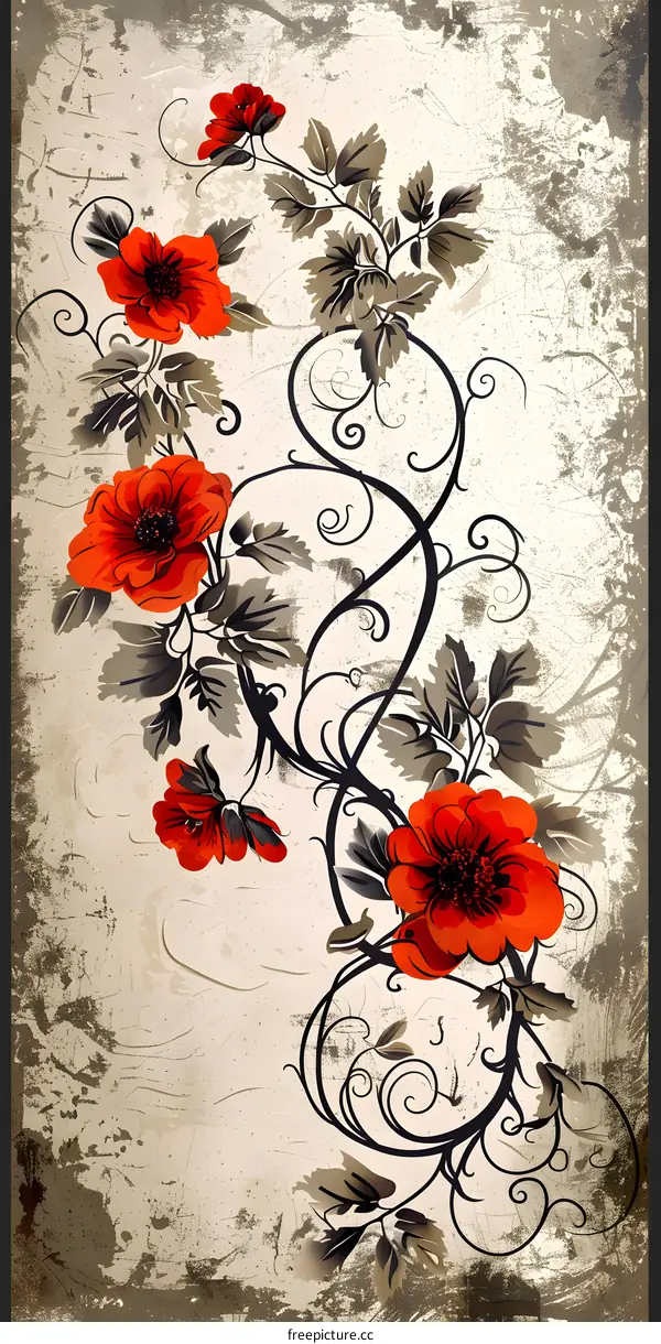 Red Floral Design with Swirls on Grunge Background