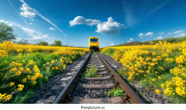 Yellow Train in a Field of Blooming Rapeseed