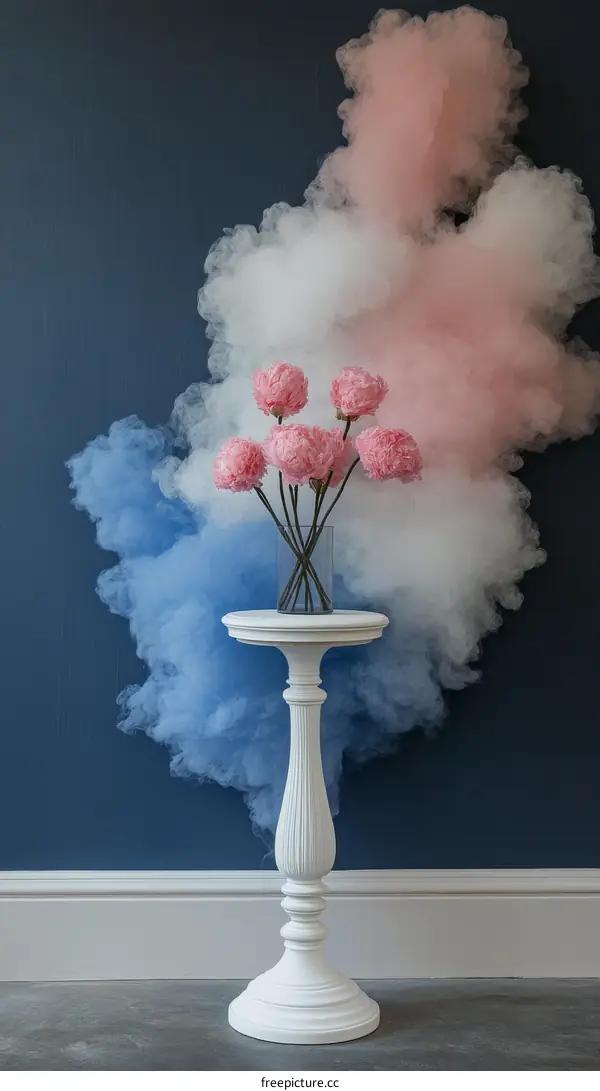 Pink Flowers with Smoke Decorated White Stand