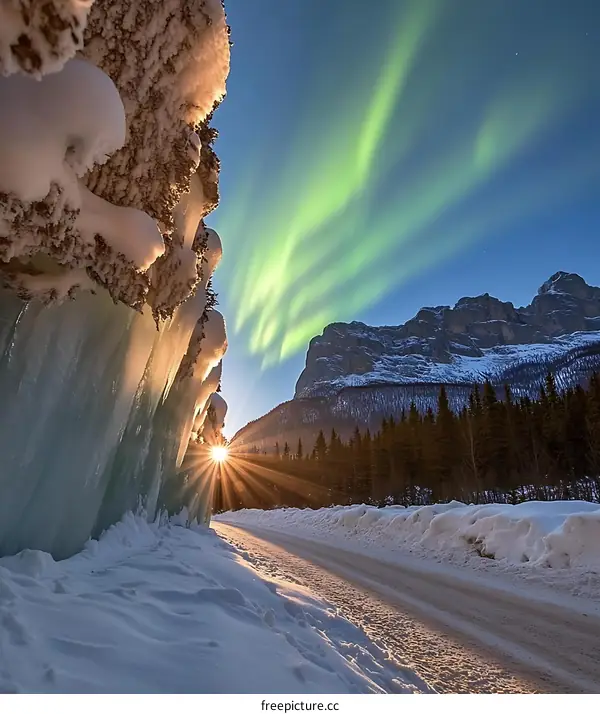 Aurora Borealis Over Snowy Mountain Road