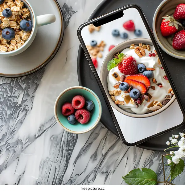 Top View of a Smartphone Showing a Bowl of Yogurt with Granola and Berries