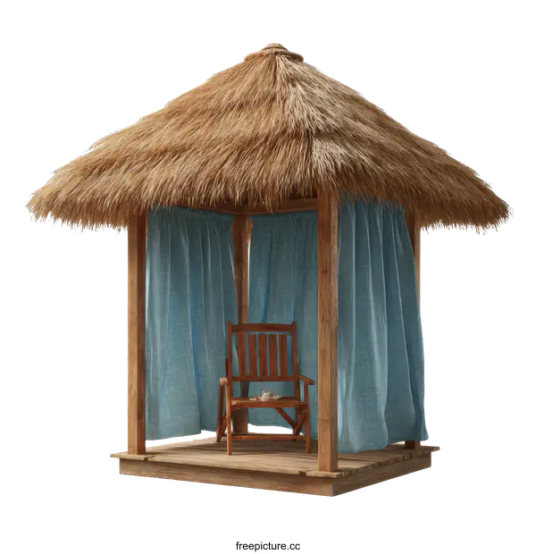 [Transparent Background PNG]Wooden Beach Hut with Straw Roof and Curtains