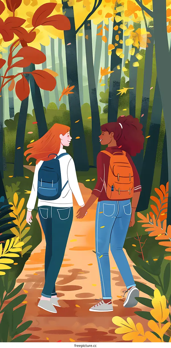 Two Women Walking in Autumn Forest Illustration