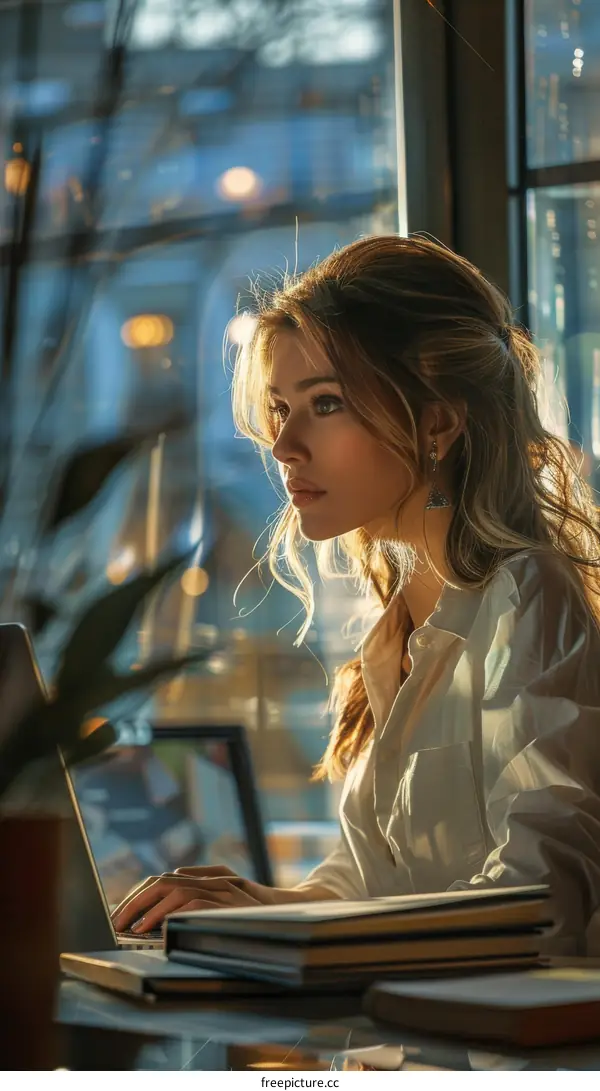 Focused Woman Working on Laptop in Cafe