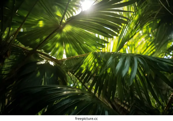 lush green palm leaves with sun shining through