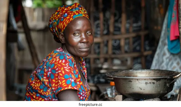 A woman wearing a colorful headscarf is cooking over a charcoal stove.